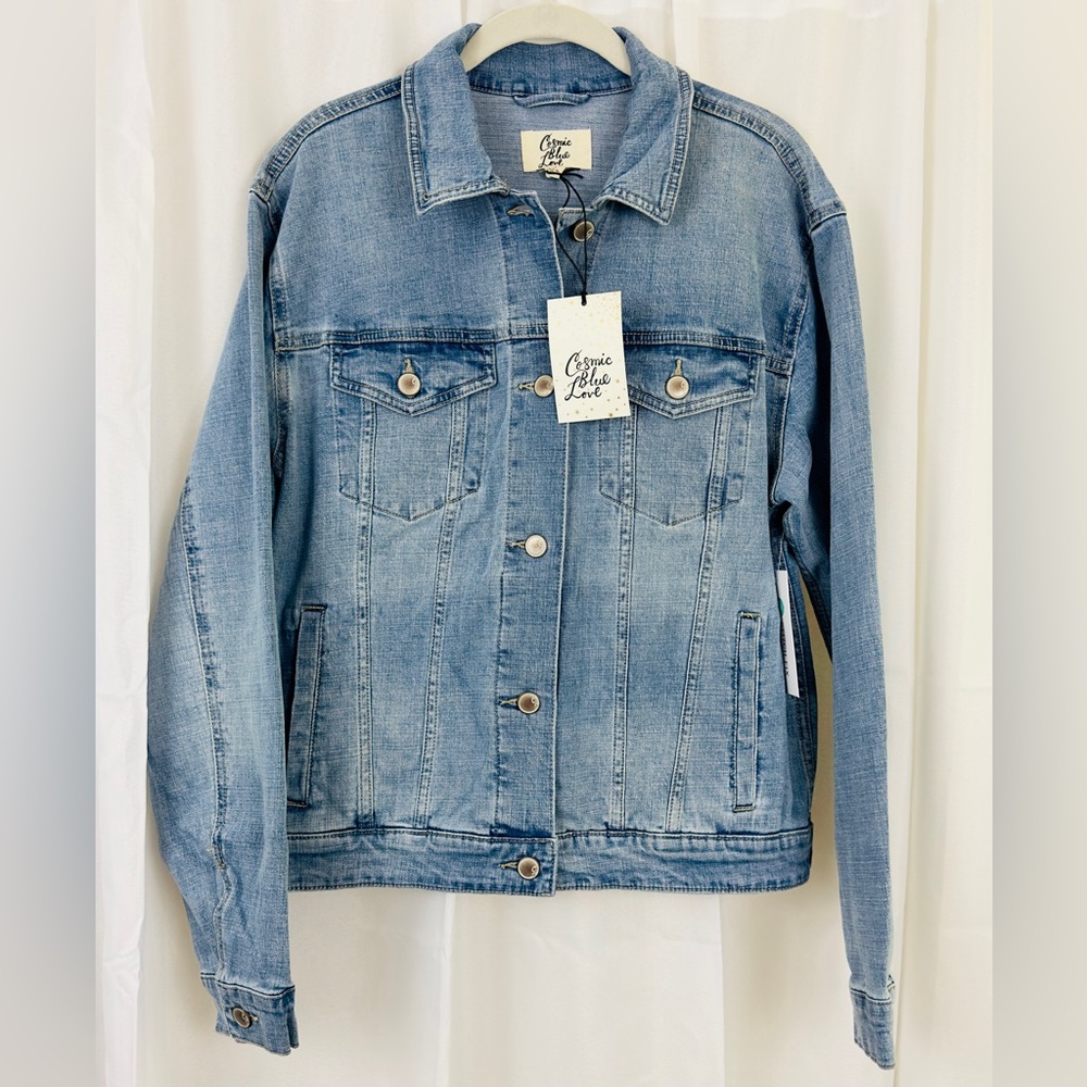 Cosmic Blue Love White Wash Button Front Denim Jacket 6 Pockets    Medium    NWT